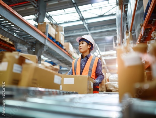 Warehouse worker handling cardboard boxes in a modern distribution center with industrial shelving