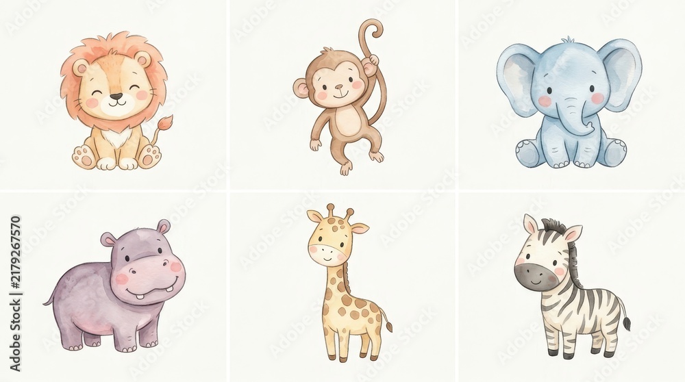 Obraz premium Cute Watercolor Safari Animals Set: Lion, Monkey, Elephant, Hippo, Giraffe, and Zebra for Nursery Decor and Kids' Projects