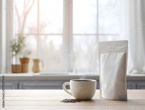 Coffee pouch with a ceramic cup on a wooden table in warm natural morning light