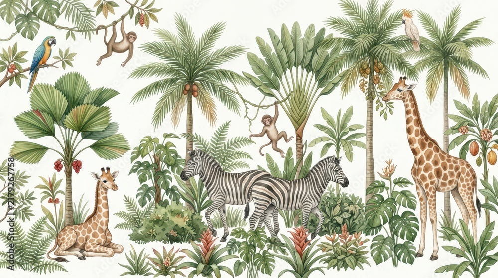 Obraz premium Watercolor Safari Animals Mural with Giraffes, Zebras, Monkeys and Tropical Jungle Plants on White Background