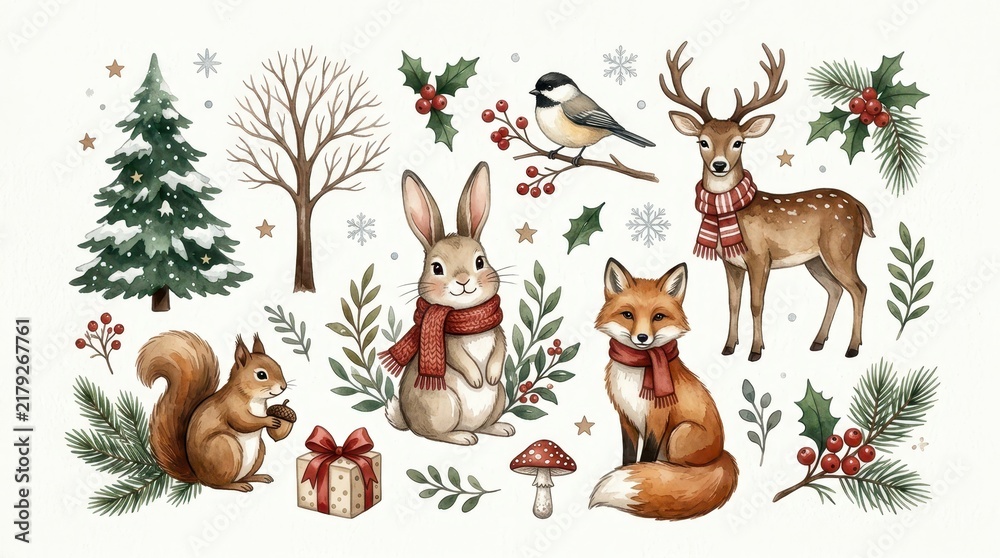 Fototapeta premium Watercolor Winter Woodland Animals Clipart Set with Deer, Fox, Rabbit, Squirrel and Christmas Elements on White Background