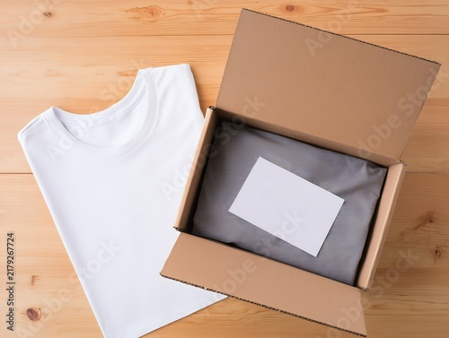 Minimal clothing packaging with a blank shirt label, tissue paper, and cardboard box