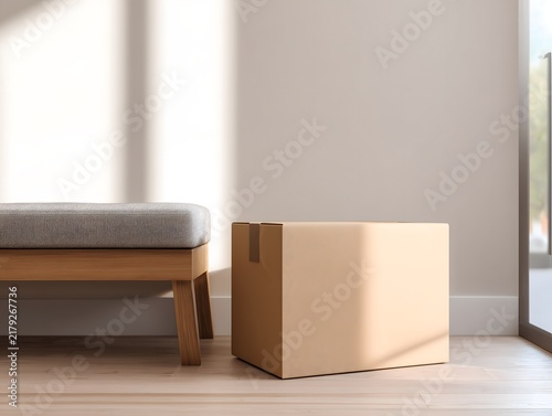 Minimal cardboard box mockup in a bright modern interior with soft natural sunlight