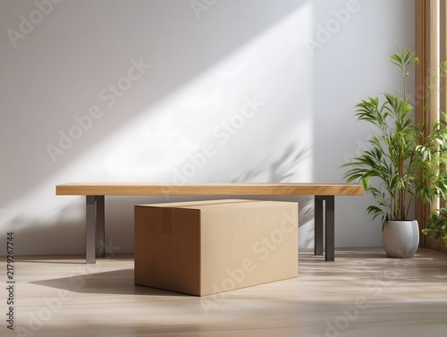 Minimal cardboard box mockup in a bright modern interior with soft natural sunlight