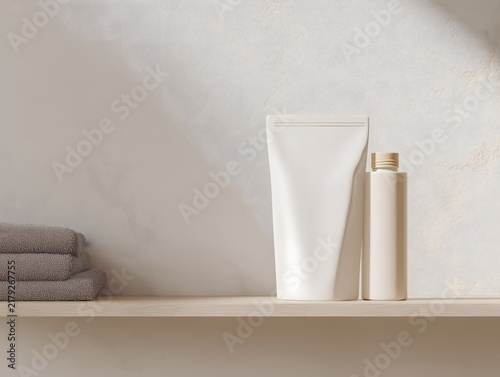 Minimal white cosmetic tube and pump bottle on a shelf with soft natural light
