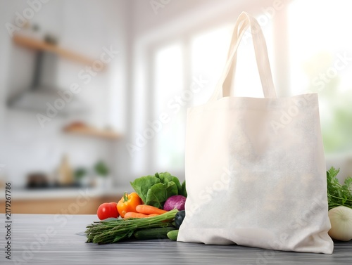 Reusable canvas tote bag filled with fresh vegetables on a bright kitchen countertop