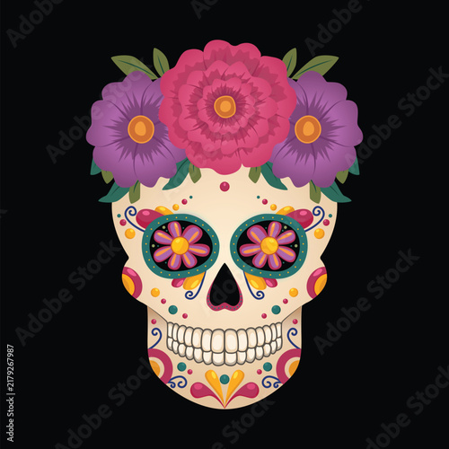 Traditional Mexican sugar skull with a wreath of flowers. Vector illustration isolated on a black background