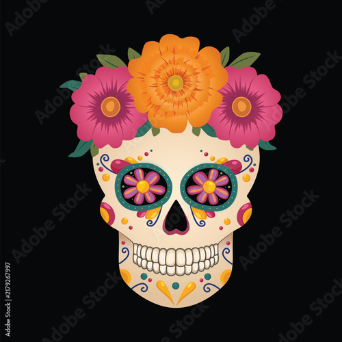 Traditional Mexican sugar skull with a wreath of flowers. Vector illustration isolated on a black background