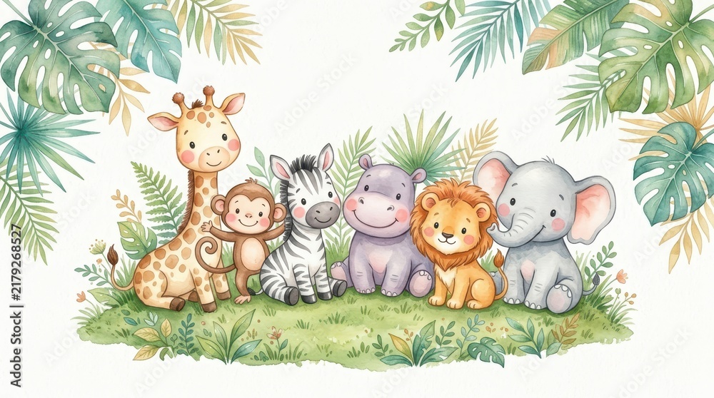 Obraz premium Cute Watercolor Safari Animals Illustration with Giraffe, Lion, Elephant, Zebra, Hippo, and Monkey in Tropical Jungle