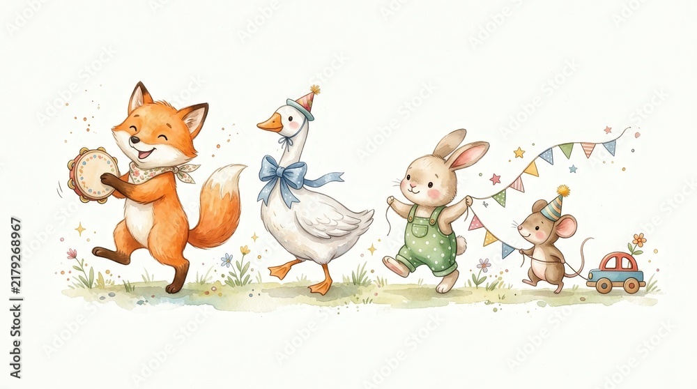 Obraz premium Watercolor Illustration of Cute Forest Animals in a Joyful Celebration Parade with Fox, Goose, Rabbit, and Mouse
