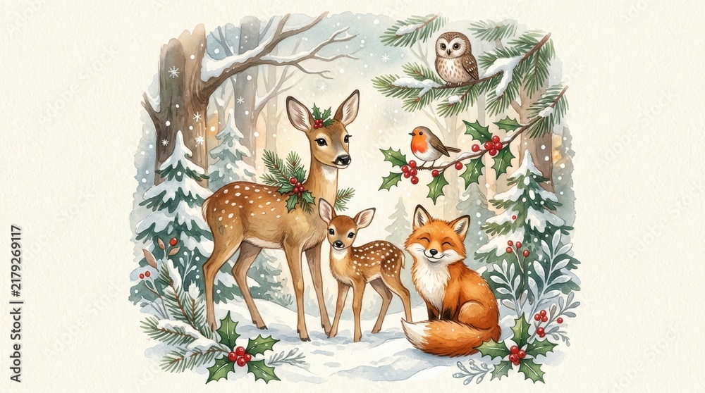 Obraz premium Watercolor Winter Forest Scene with Deer, Fox, Owl, and Robin - Festive Holiday Illustration with Snow and Holly