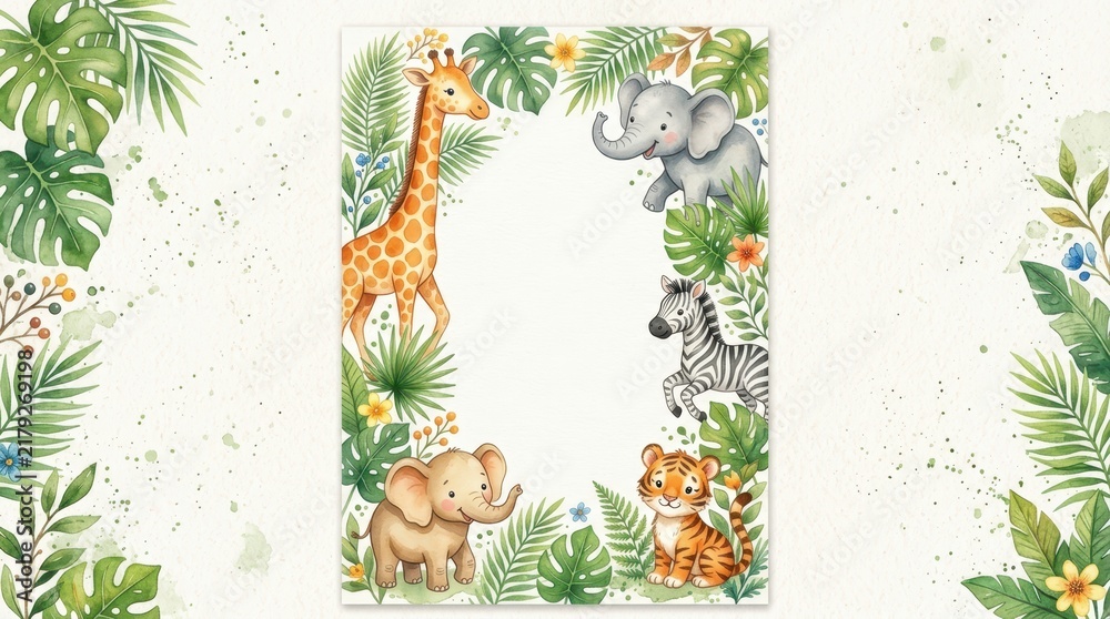 Obraz premium Watercolor Cute Safari Animals Frame with Giraffe Elephant Tiger Zebra and Tropical Leaves for Nursery Decor
