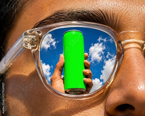Hand holding green soda can mockup seen through sunglasses bright sunny sky summer