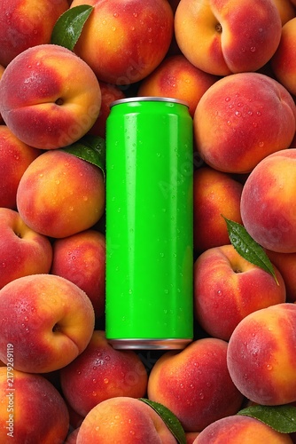 Green beverage can mockup on fresh peach background top view juicy fruit flavor