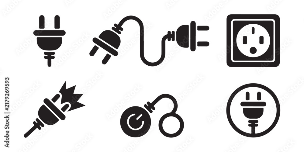 Fototapeta premium Electrical plugs and power socket icons set for technical hardware components and power connection.