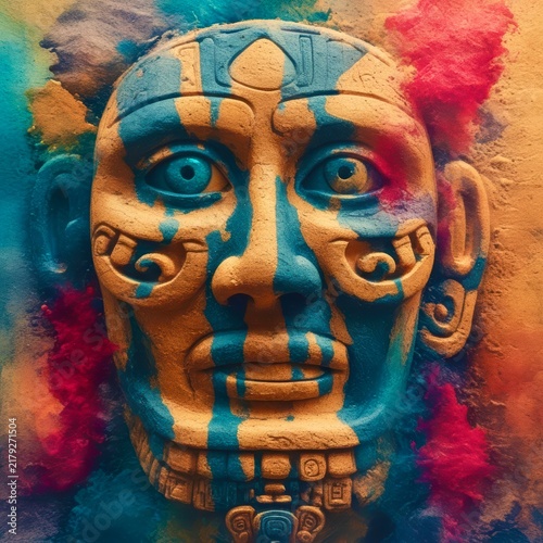 Ancient stone mask adorned with bold, dripping paint