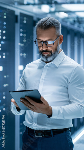 system administrator using a tablet in front of towering data center racks, blue ambient illumination, professional enterprise technology photography, vertical framing
