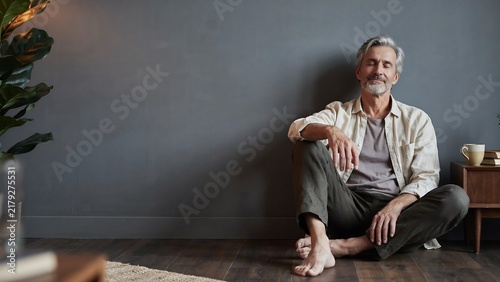 Relaxed mature man sitting barefoot on the floor with eyes closed, leaning against a dark gray wall in a minimalist home, practicing silent meditation