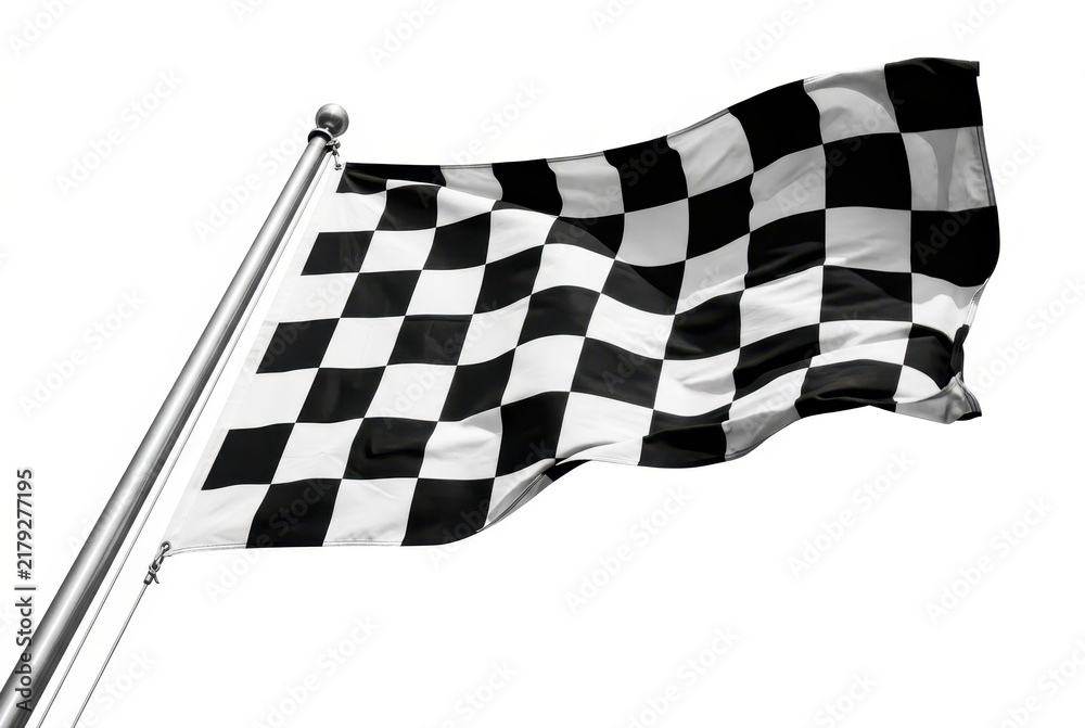 Obraz premium Waving Checkered Finish Line Flag on Silver Pole Isolated on White Background Symbolizing Victory and Motor Racing Success.