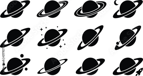 Planet and saturn ring icon set in solid black silhouette
