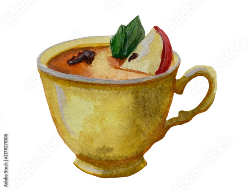 Hand-painted watercolor illustration of a yellow cup of tea with an apple slice and mint leaf, isolated on a transparent background