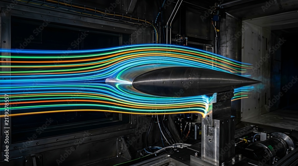 Fototapeta premium Sleek aerodynamic metal test model undergoes high speed wind tunnel trials featuring vibrant multicolored light flow patterns during technical performance analysis