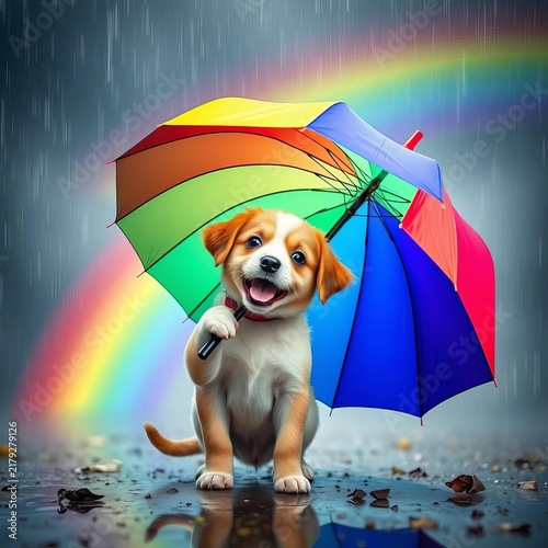 Rainbow puppy holds colorful umbrella under a vibrant rainbow on a rainy day, tail wagging with joy, playful, happy