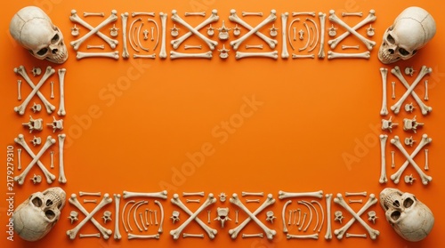 Halloween background with a frame made of human skulls and bones on a bright orange surface