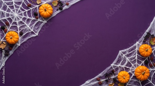 Halloween background with spider webs and small orange pumpkins on a dark purple surface with copy space