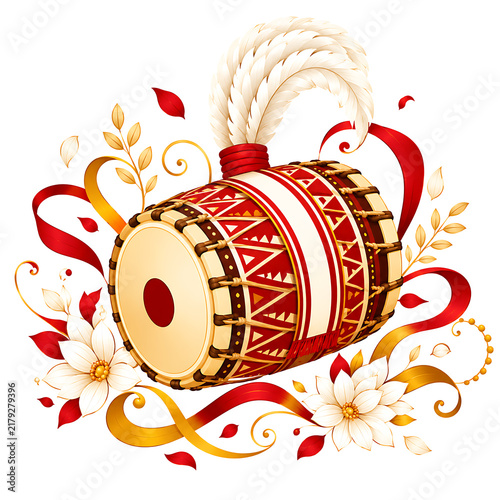 Ornate traditional drum with floral decorations and golden ribbon embellishments