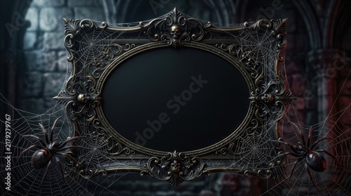 An ornate antique mirror with intricate carvings displayed inside a dark and mysterious gothic stone chamber	