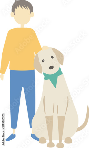 犬の頭を撫でている男の子