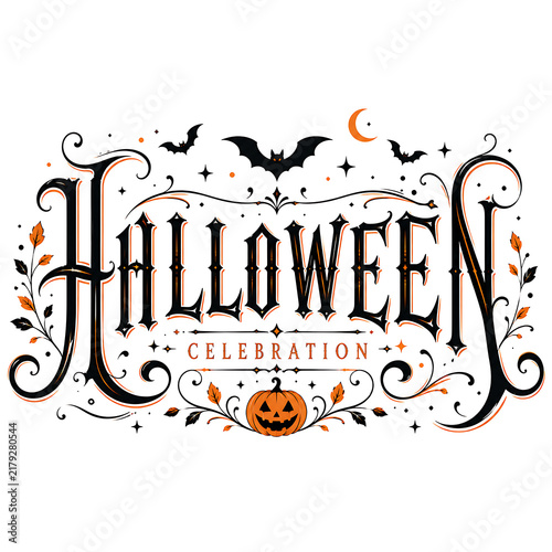 Elegant halloween lettering with spooky elements like bats pumpkins and a crescent moon