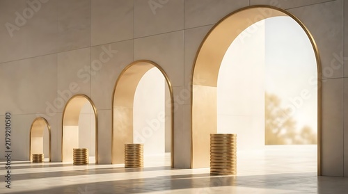 Classical stone archway corridor with warm sunlight.