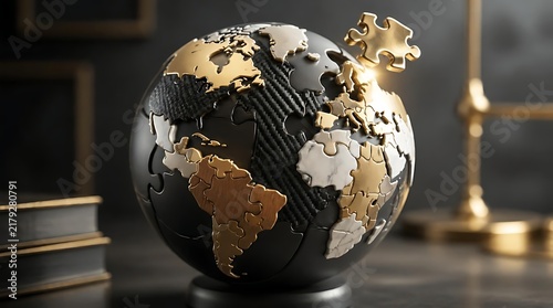 Decorative world globe with circuit board patterns in library.