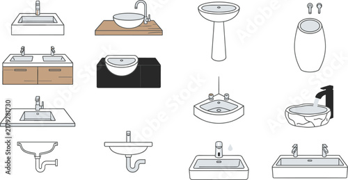 Принти на полотні Modern bathroom sink and luxury washbasin line icon set featuring undermount ves