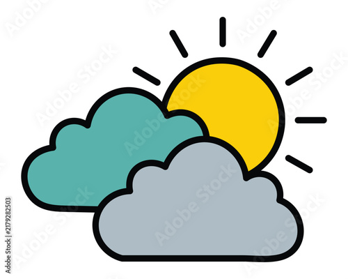Weather icon featuring sun and clouds for meteorological forecast digital interface or climate mobile application