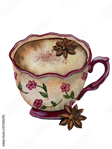 Hand-painted watercolor illustration of a vintage porcelain tea cup, isolated on a transparent background