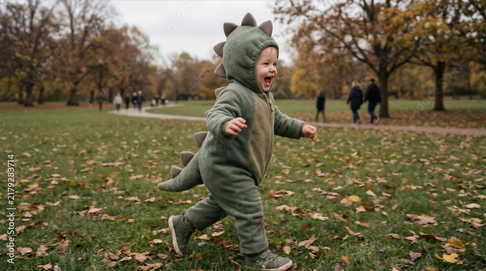 Fototapeta premium Toddler in dinosaur costume running through an autumn park