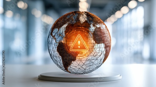 A glowing wireframe globe with a warning symbol highlights global risks or alerts in a modern, blurred office setting.