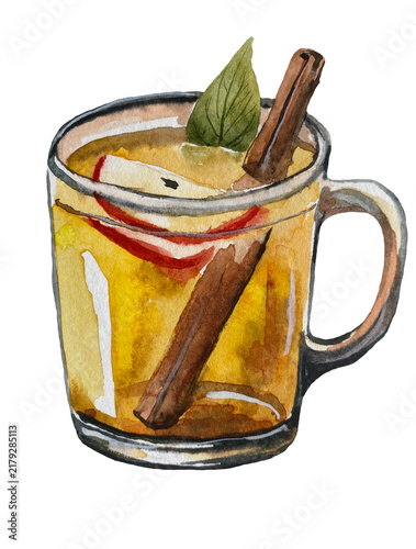 Hand-painted watercolor illustration of a transparent glass cup of tea with an apple slice, mint leaf, and cinnamon stick, isolated on a transparent background