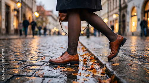 Woman walking on wet cobblestone street with brown shoes in autumn  