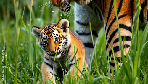 Tiger cub walking with mother in tall green grass in the wild