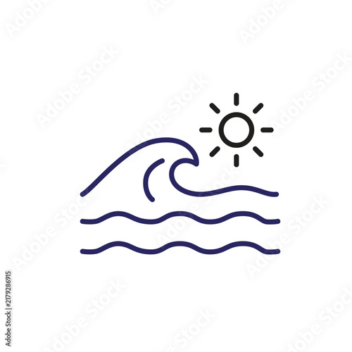 Ocean icon. summer. An ocean themed icon featuring waves, water, horizon, and marine elements. Outline design style