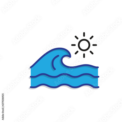 Ocean icon. summer. An ocean themed icon featuring waves, water, horizon, and marine elements. Mixed design style