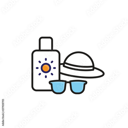 Beach Essentials icon. summer A collection of essential beach accessories for enjoying a relaxing summer. Mixed design style