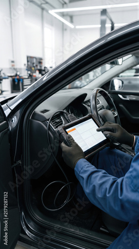 Mechanic using tablet with diagnostic software connected to car computer system. Auto repair service technician performing electronic vehicle diagnostics in modern garage. Automotive technology.