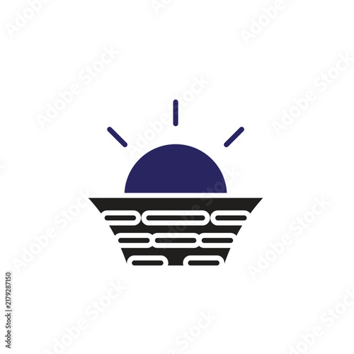 Sunset icon. summer. A sunset beach icon featuring the setting sun, ocean, and peaceful seaside scenery. Flat design style
