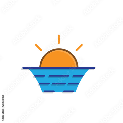 unset icon. summer. A sunset beach icon featuring the setting sun, ocean, and peaceful seaside scenery. Isometric design style