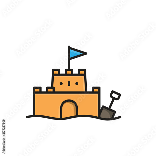 Sandcastle icon. summer. A sandcastle icon with a shovel representing children's fun and creative activities. Isometric design style